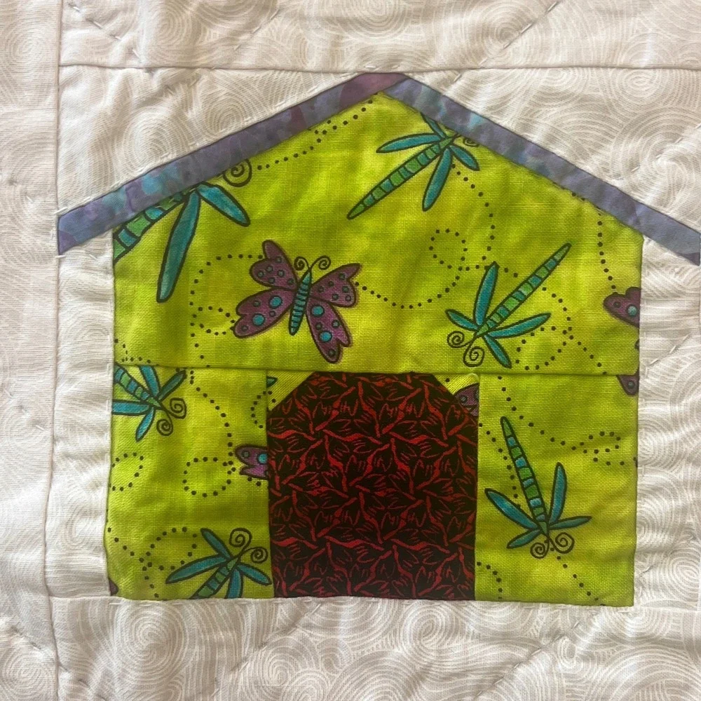 Handmade Quilted Wall Hanging Small Blanket Colorful Houses Dog Shark Border